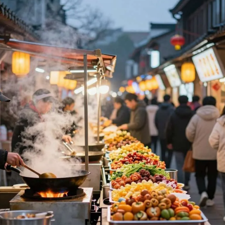 Mercado nocturno chino con wok humeante y puestos de frutas confitadas, calle tradicional iluminada con farolillos