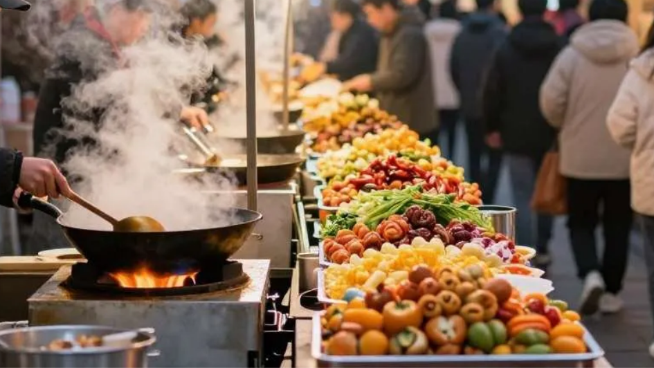 Mercado nocturno chino con wok humeante y puestos de frutas confitadas, calle tradicional iluminada con farolillos