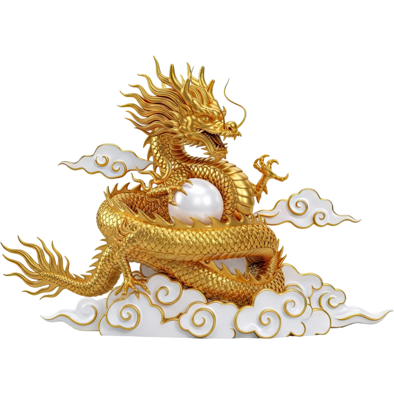 Dragón dorado chino con perla, símbolo de buena fortuna