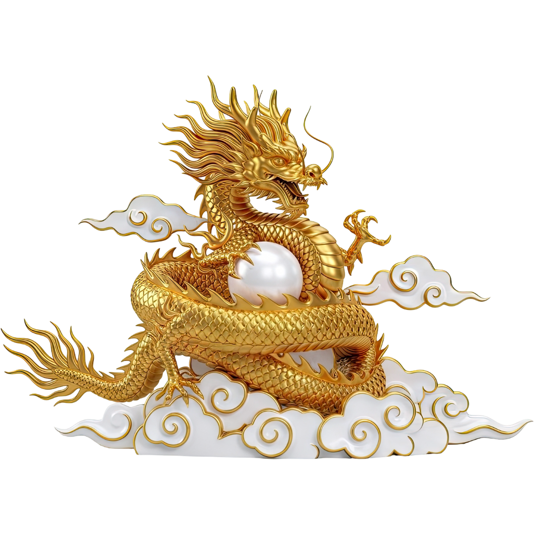 Dragón dorado chino con perla, símbolo de buena fortuna