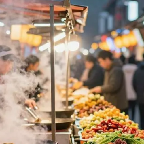 Mercado nocturno chino con puestos de comida callejera, woks humeantes y frutas confitadas tradicionales