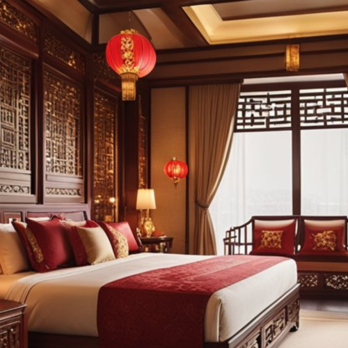 Habitación de hotel con decoración tradicional china, farolillos rojos y mobiliario de madera tallada